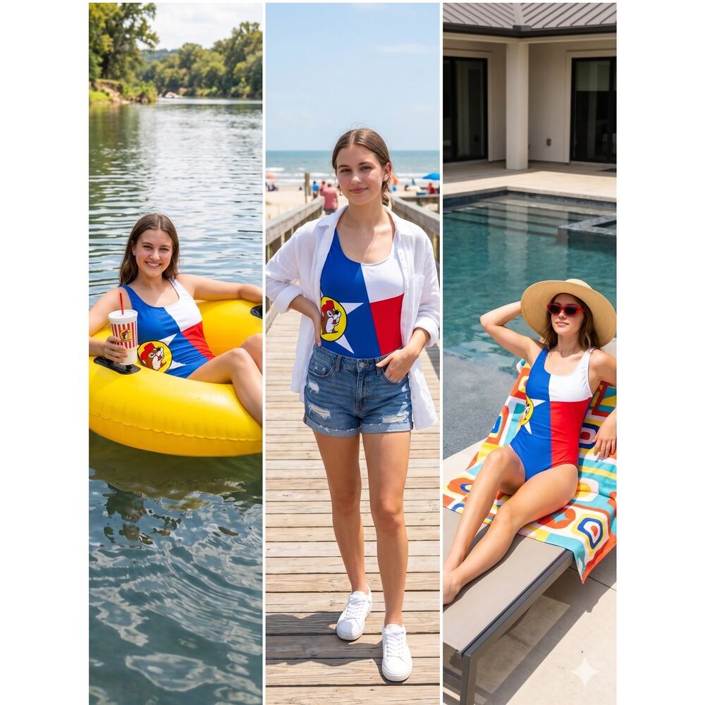 NWT Buc-ee's Texas Flag One Piece Swimsuit Med Texascore Kitschy Roadtrip Mascot